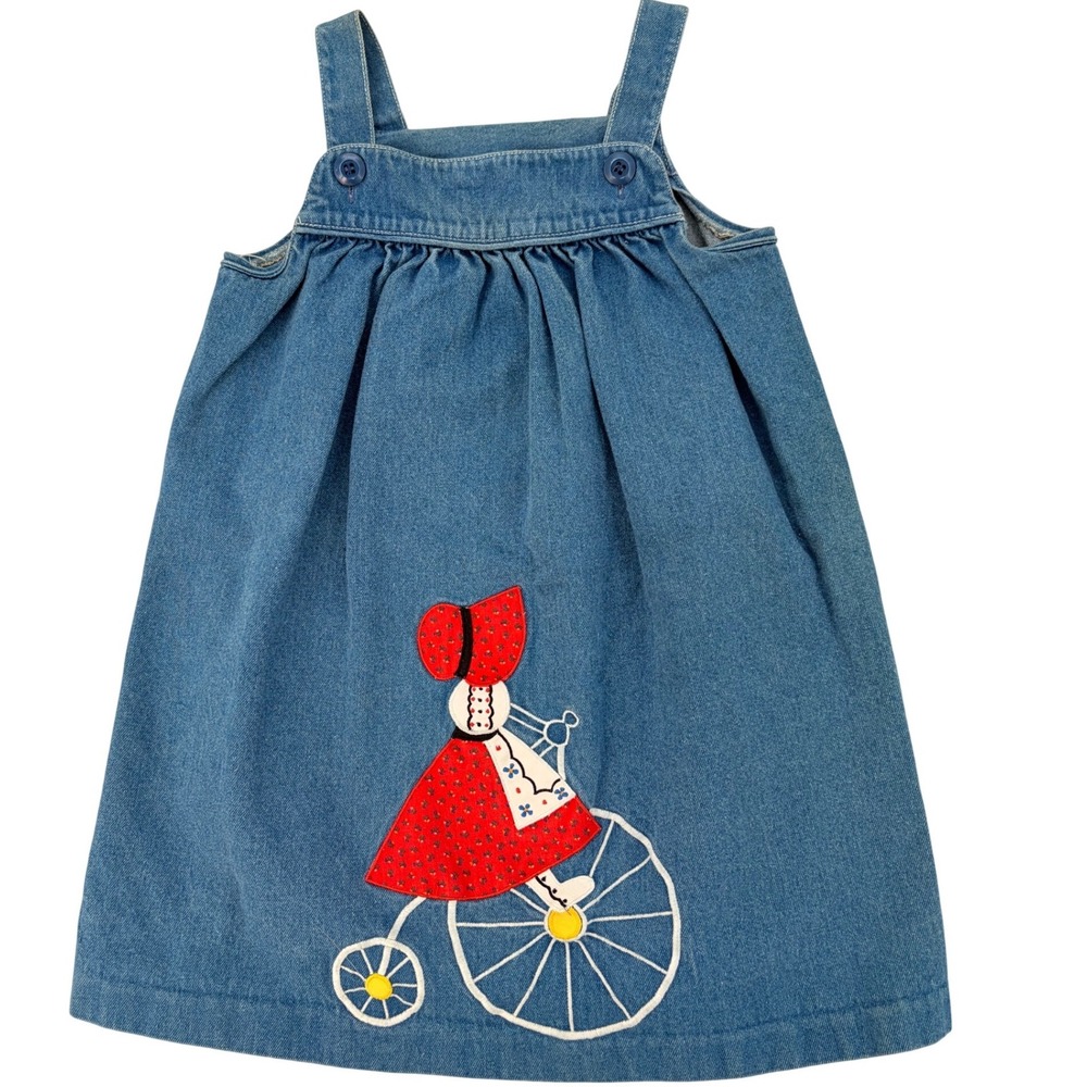 Winnie The Pooh Denim Pinafore Dress 6X Blue Vintage Retro Boho Sunbonnet Sue